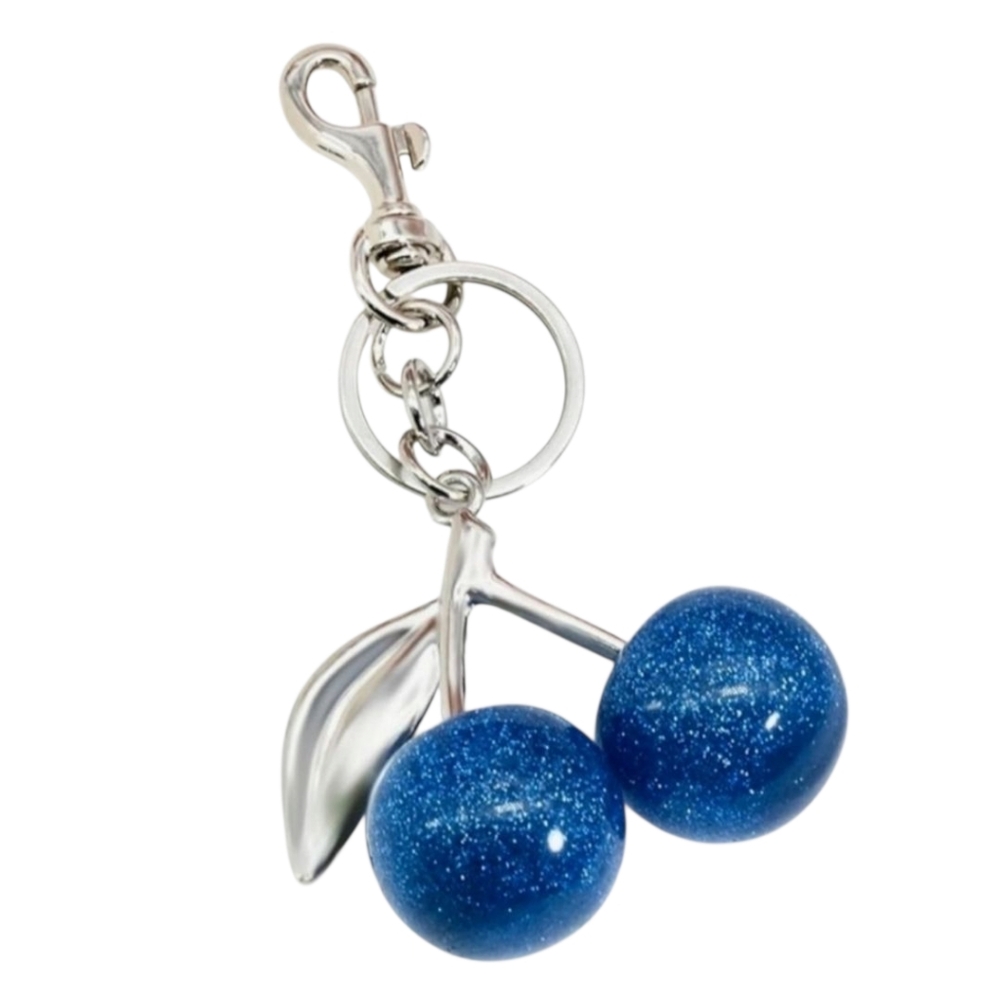 Cherry Keychain Bag Charm Blue Glitter Cherries Silver Tone Hardware NWT